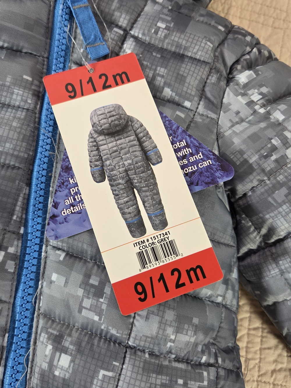 Snozu Gray Pixel-Print Baby Puffer Bunting with Blue Lining Boy Size 9-12m - Picture 3 of 5